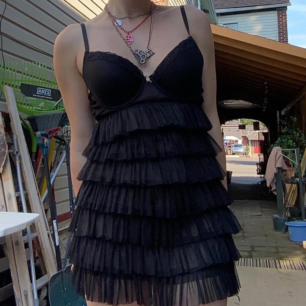 Black ruffle sheer mini dress